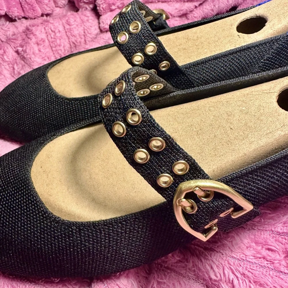 Rothy's Black and Blue Flats with Gold Buckle - Picture 3 of 4
